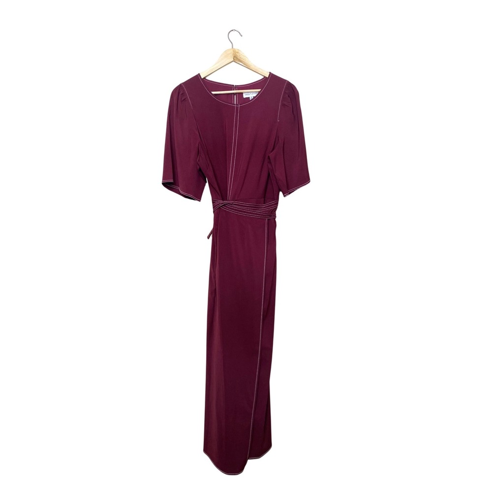 Gibson Latimer Burgundy Maxi Dress White Contrast Stitch Puff Sleeve Womens 12